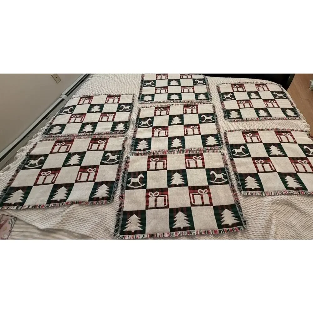 Vintage Winter CHRISTMAS PLACE MATS SET Of 7 Rocking Horse Tree Present 3934/20